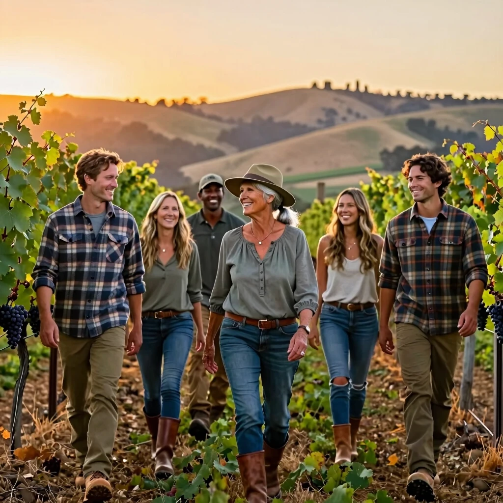 Family members of Jackson Family Wines strolling through their vineyard at sunset