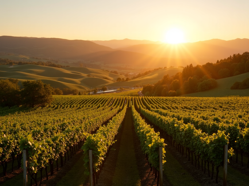 Sunrise over a Bordeaux vineyard in France, highlighting the region’s serene beauty.