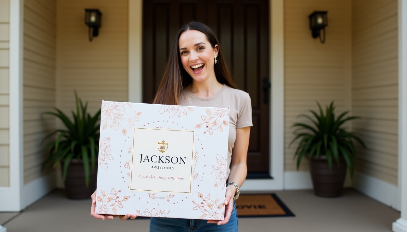 A wine club member receiving a beautiful box with exclusive Jackson Family Wines selections at their doorstep.