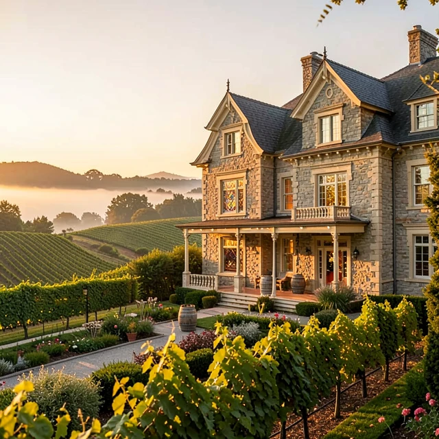 Sunset view of Beringer Vineyards' iconic Rhine House