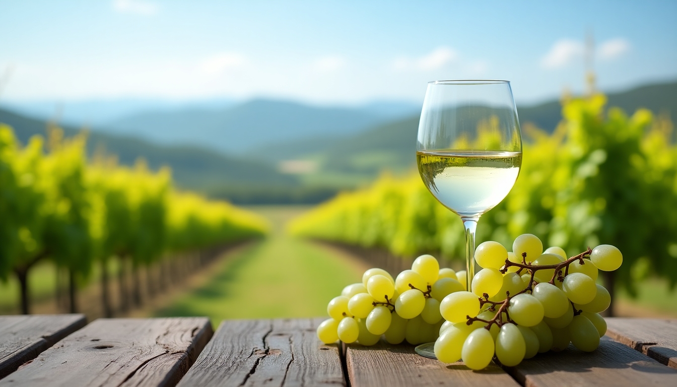 Glass of white wine on a rustic wooden table with grapes.