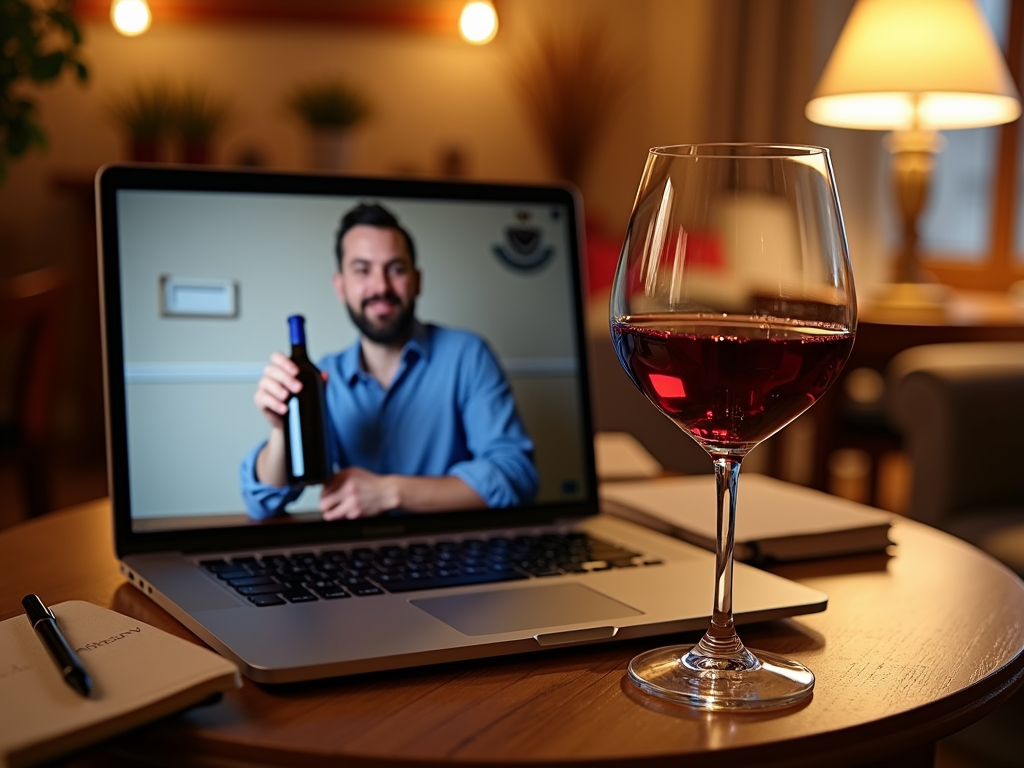 Virtual wine tasting setup with laptop, wine glass, and notebook