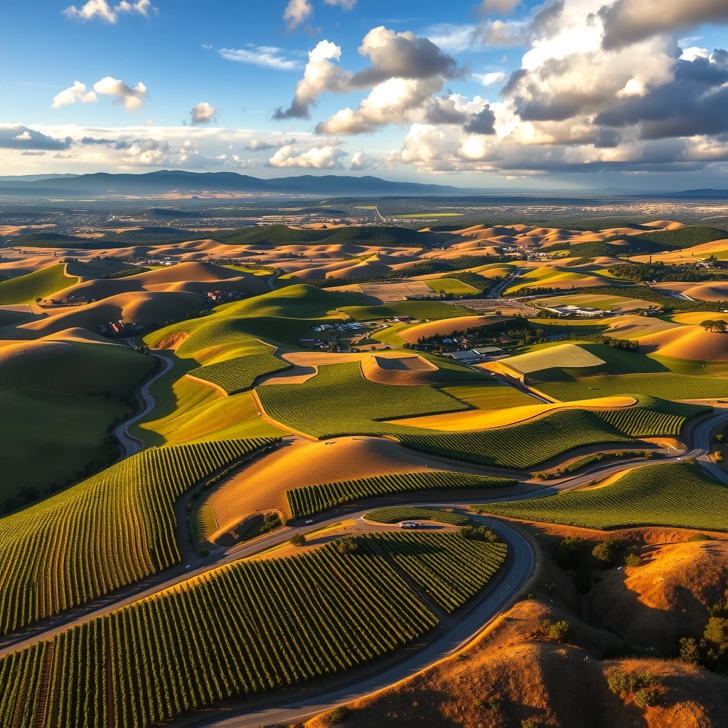 Aerial view of Sonoma County wine country with vineyards and mountains