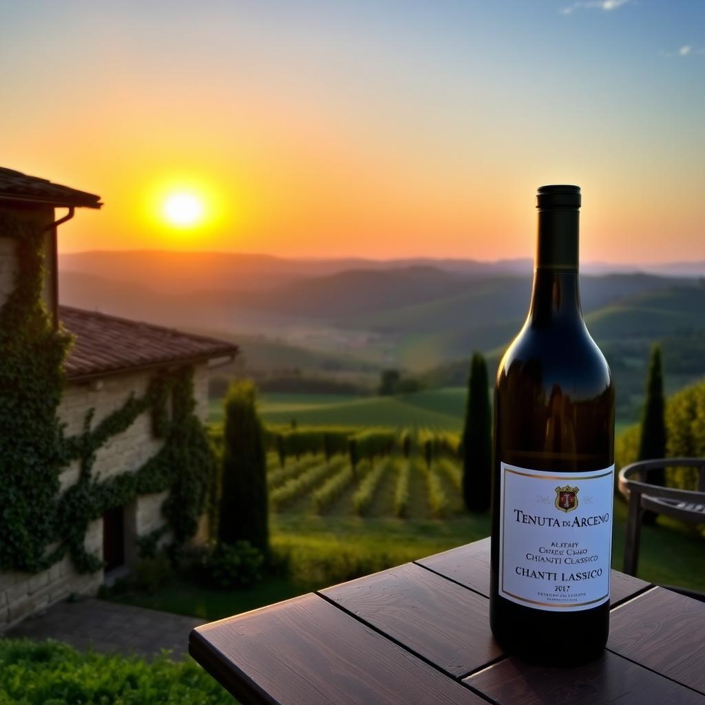 Tuscan vineyard at sunset with Tenuta di Arceno Chianti Classico bottle on a table