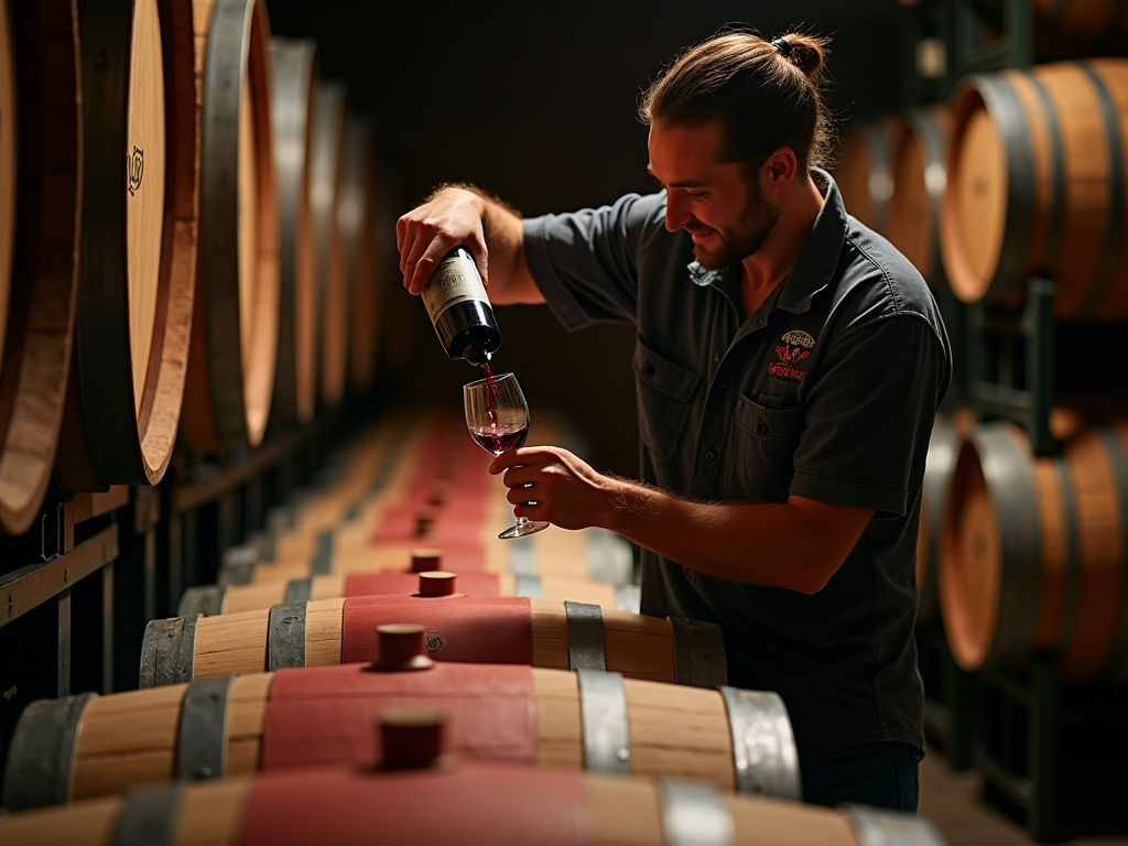 Winemaker pouring wine in Sonoma County cellar