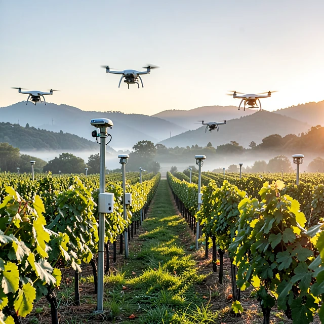 Drone monitoring a precision vineyard with AI sensors for optimal grape growing
