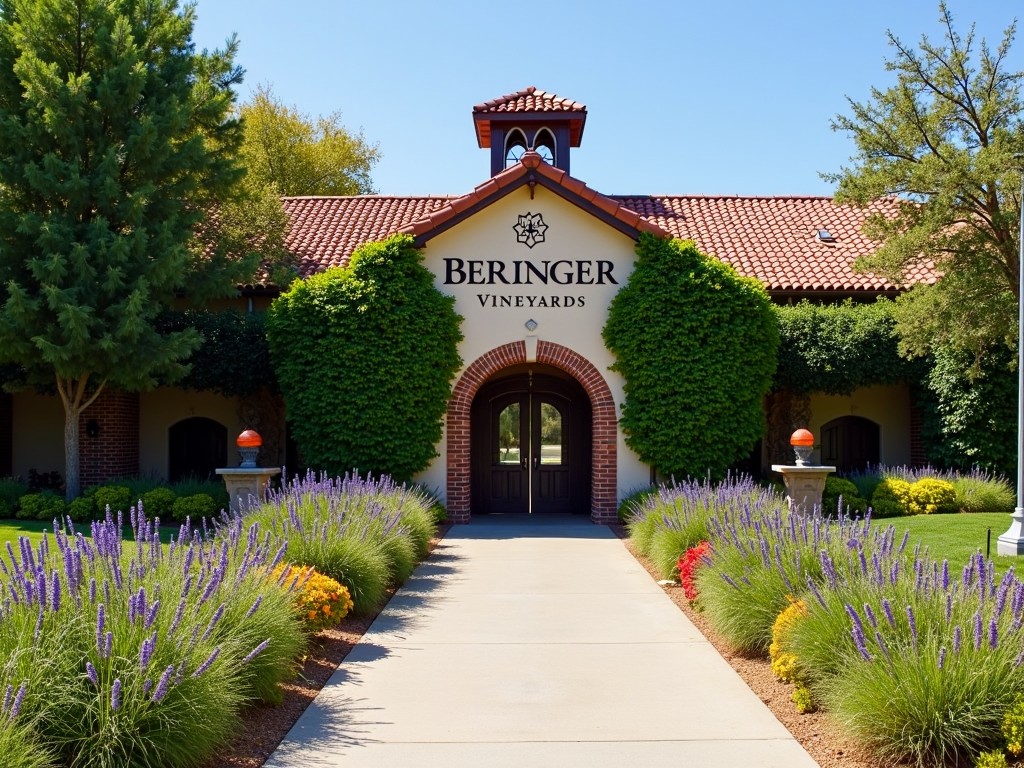 Entrance to Beringer Vineyards with vines and rustic signage.