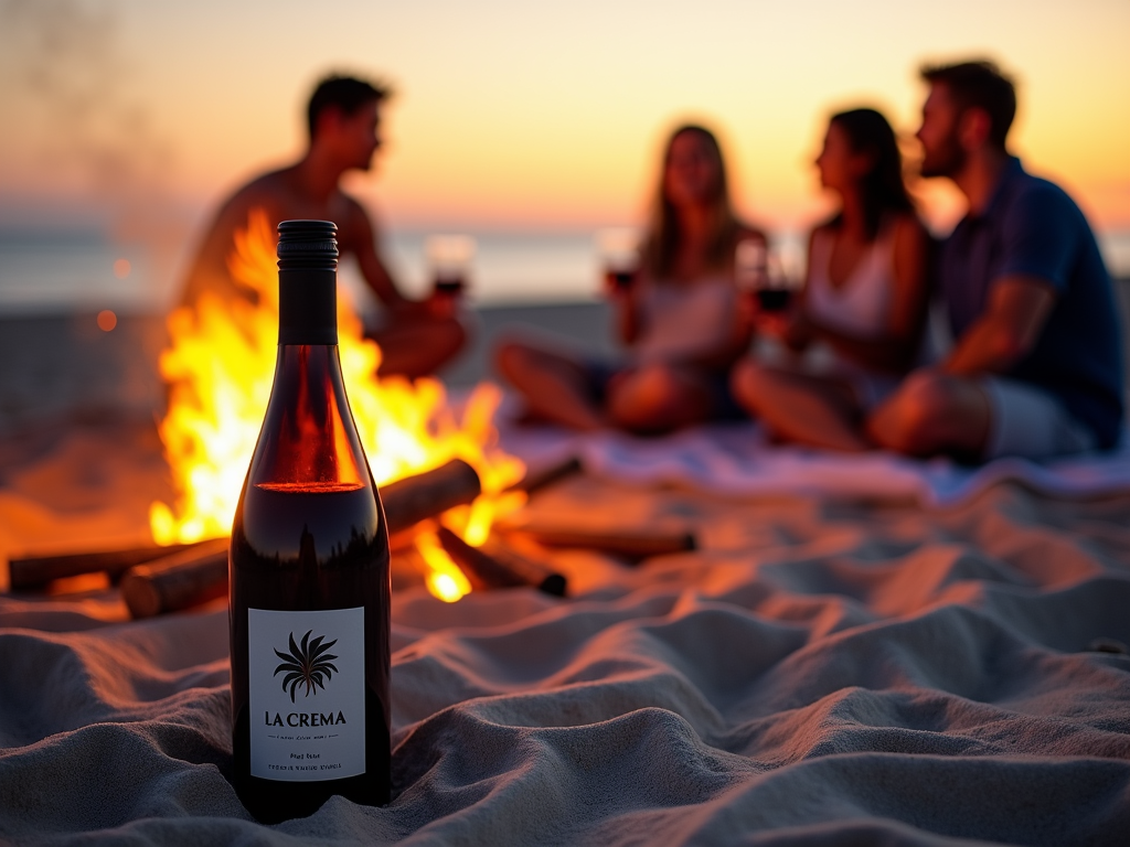 La Crema Pinot Noir at a beach bonfire at sunset