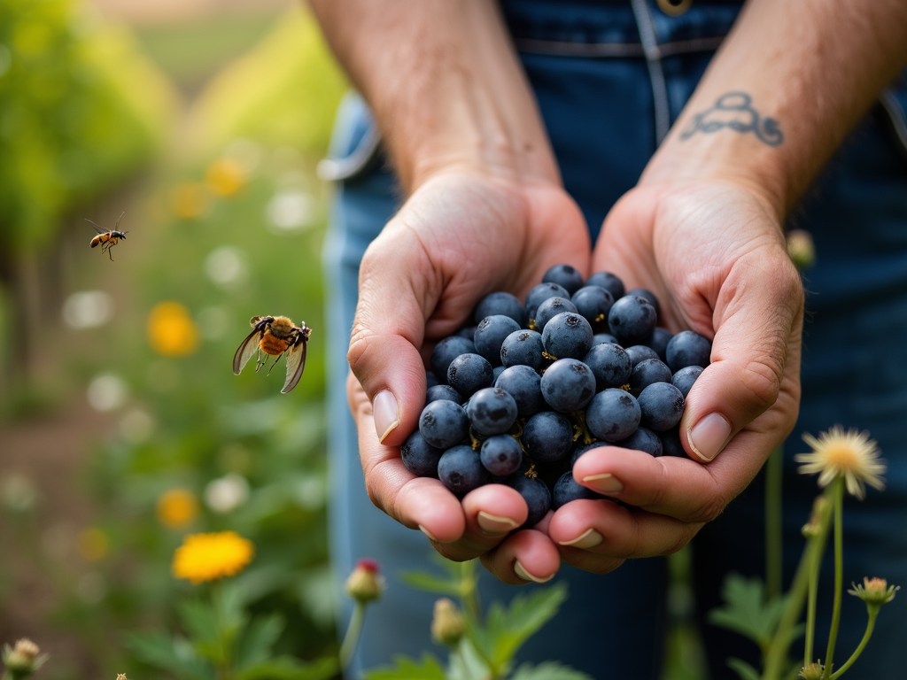 Organic grapes in a biodiverse vineyard