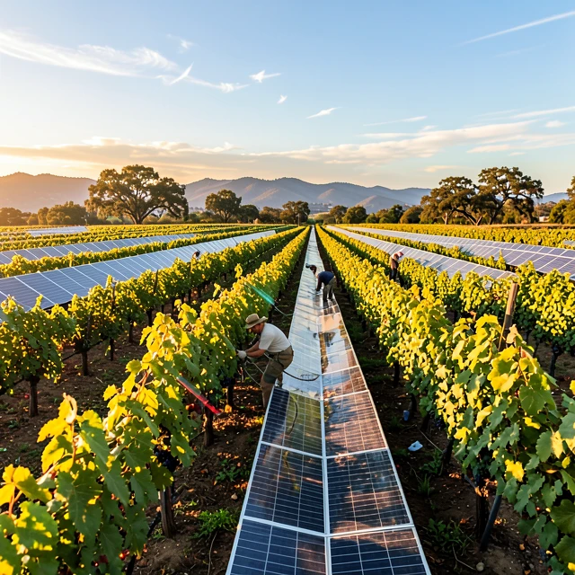 Sustainable vineyard with solar panels showcasing renewable energy in wine production