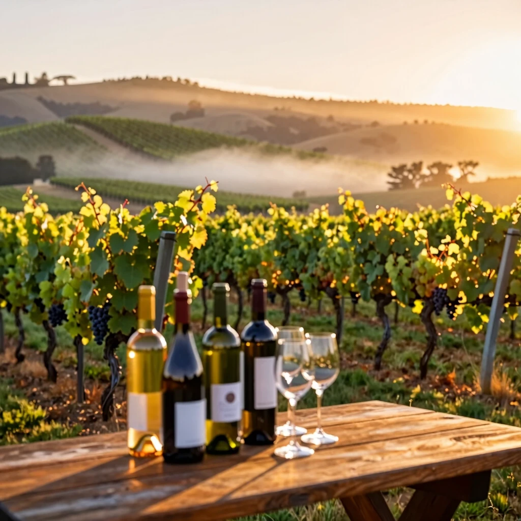 Sunset over Sonoma vineyards with a tasting setup