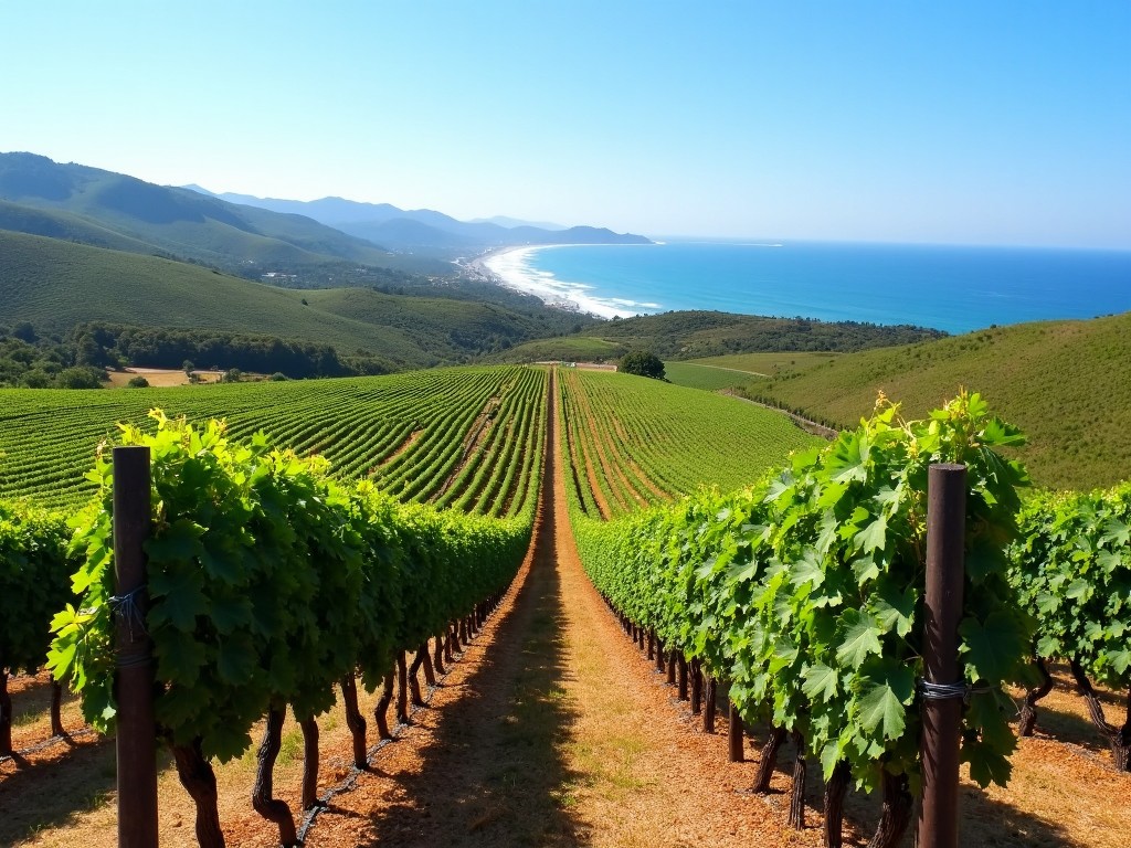 Coastal vineyard in Santa Barbara County with ocean in the background.
