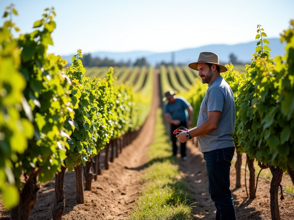 Sustainable vineyard with workers tending to vines