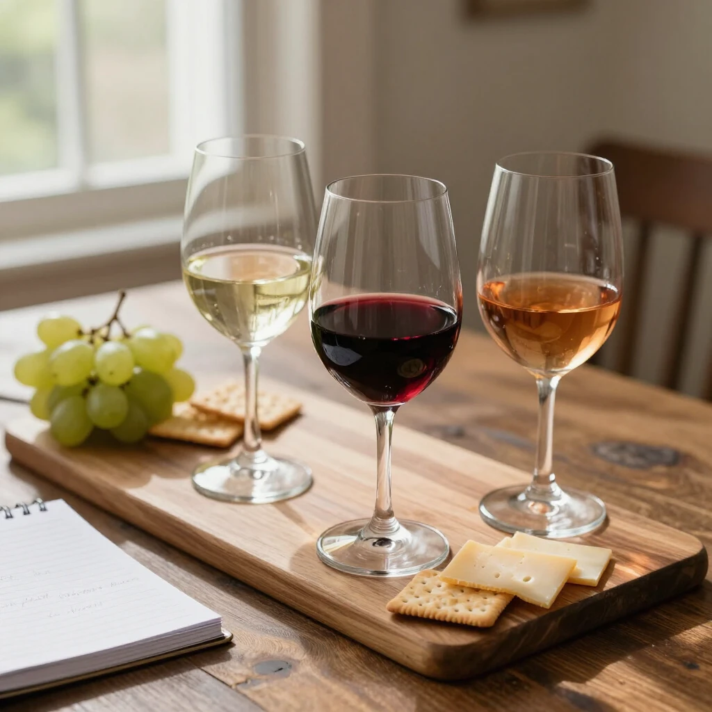 Wine tasting setup with glasses, cheese, and grapes on a home table