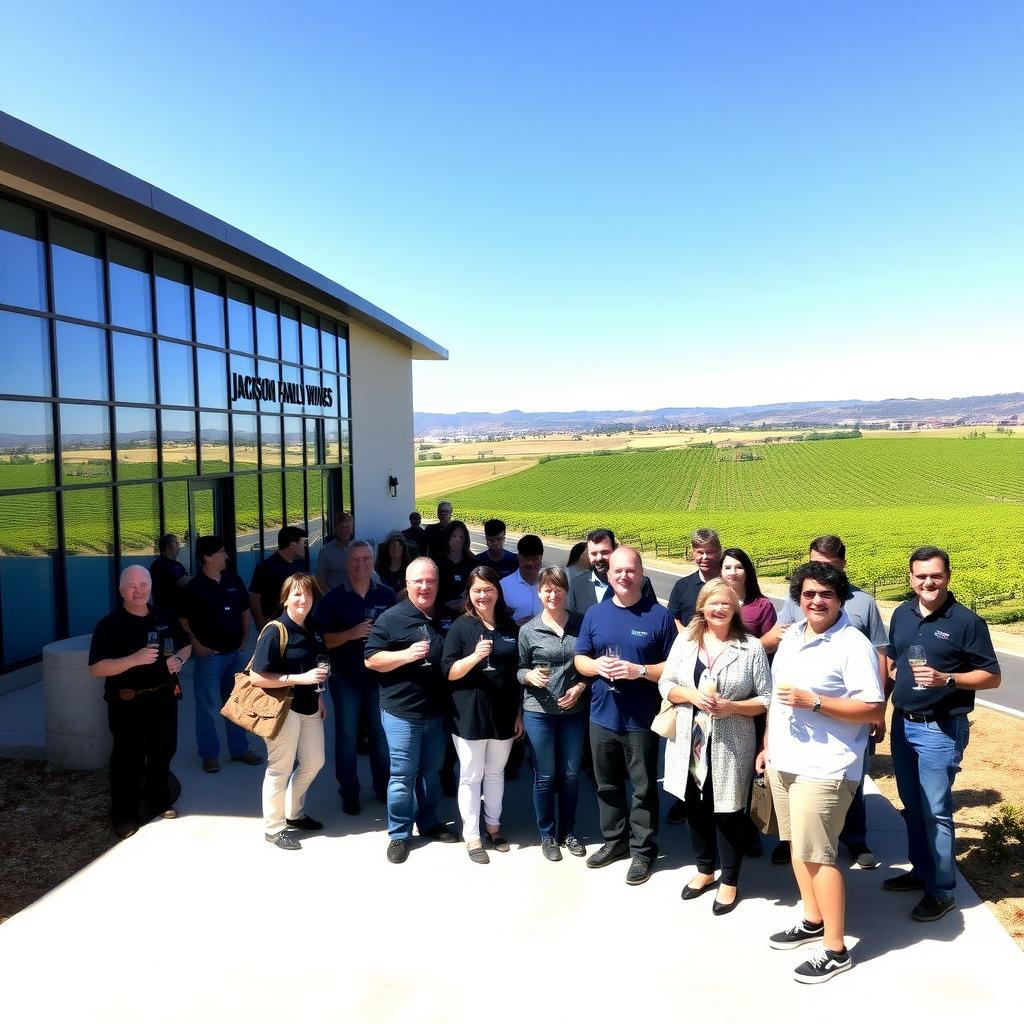 Modern winery building with solar panels and diverse employees holding wine glasses at a community event.