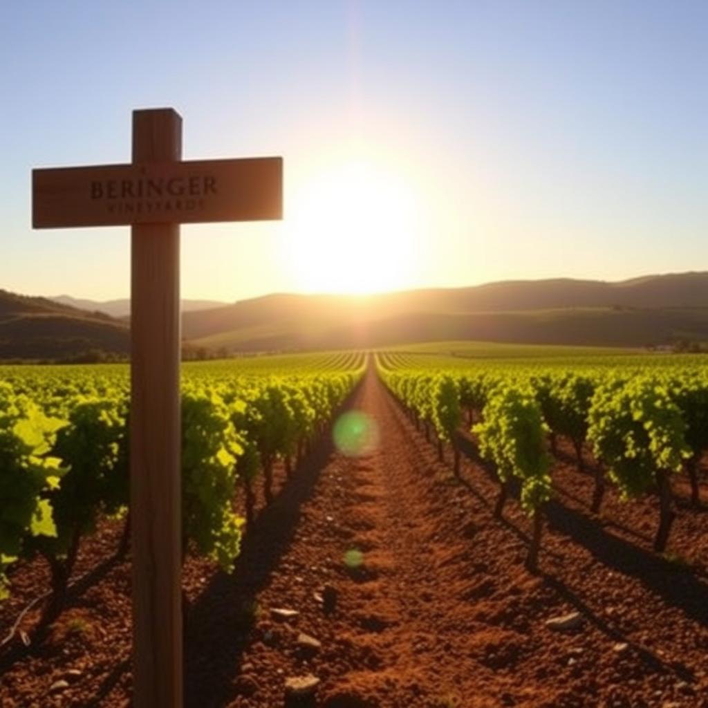 Sunlit Beringer Vineyards in Napa Valley with rows of grapevines and rocky soil under a clear blue sky.