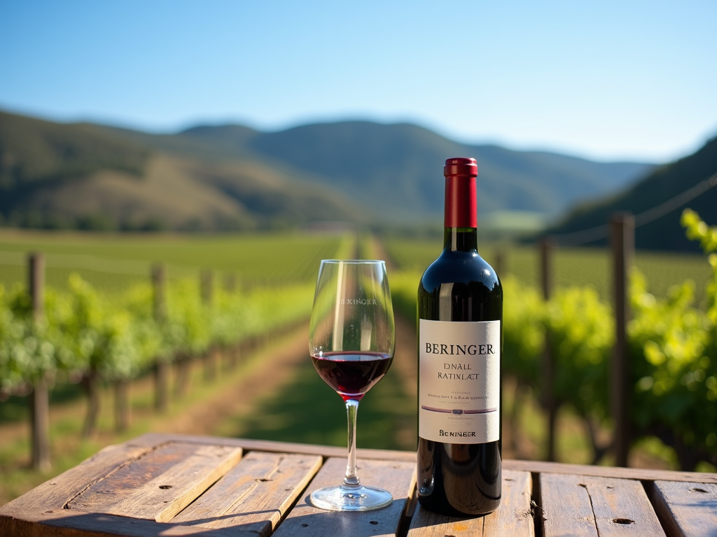 Beringer wine bottle and glass on table