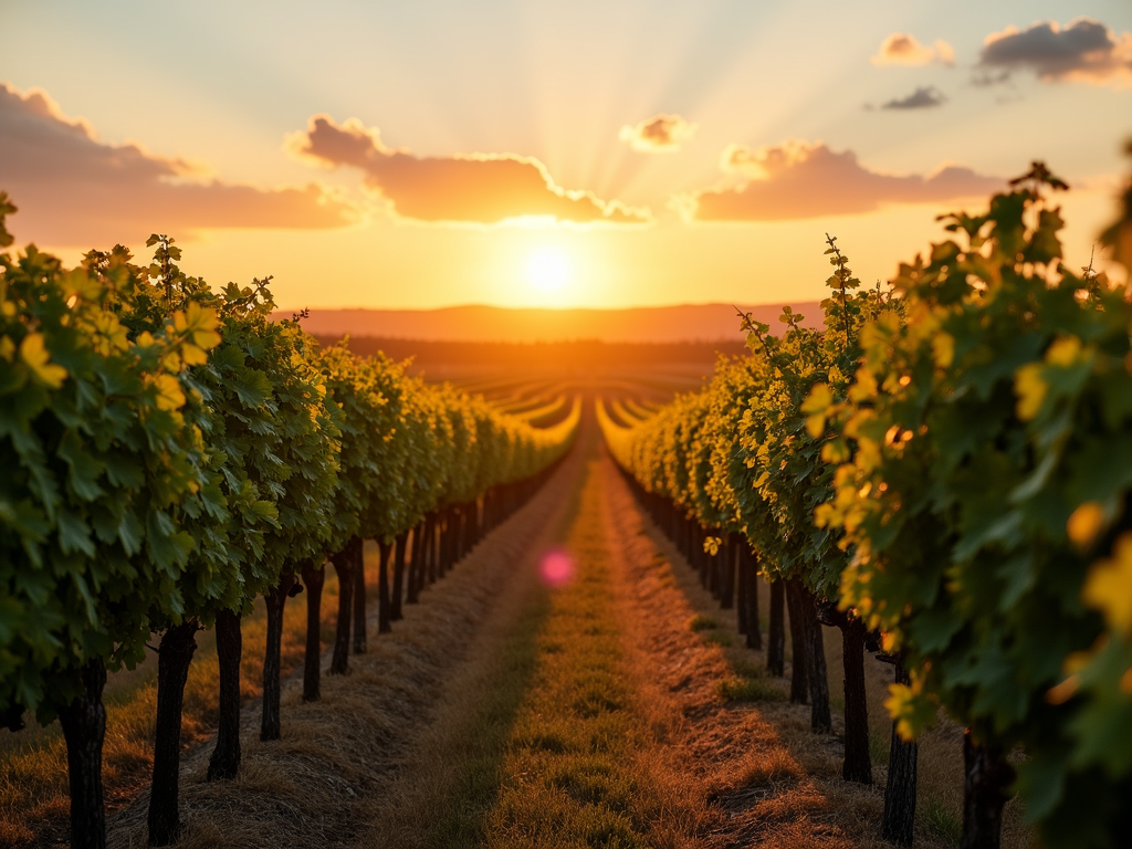 Vineyard at sunset with rows of grapevines.