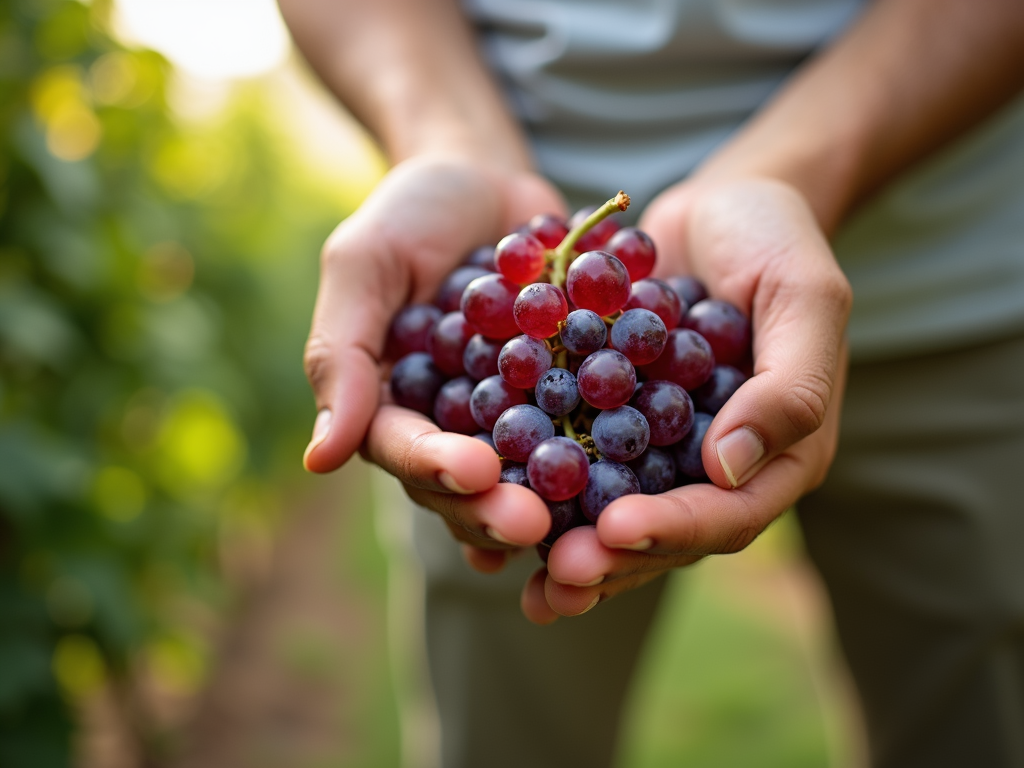 Hands holding ripe grapes in vineyard