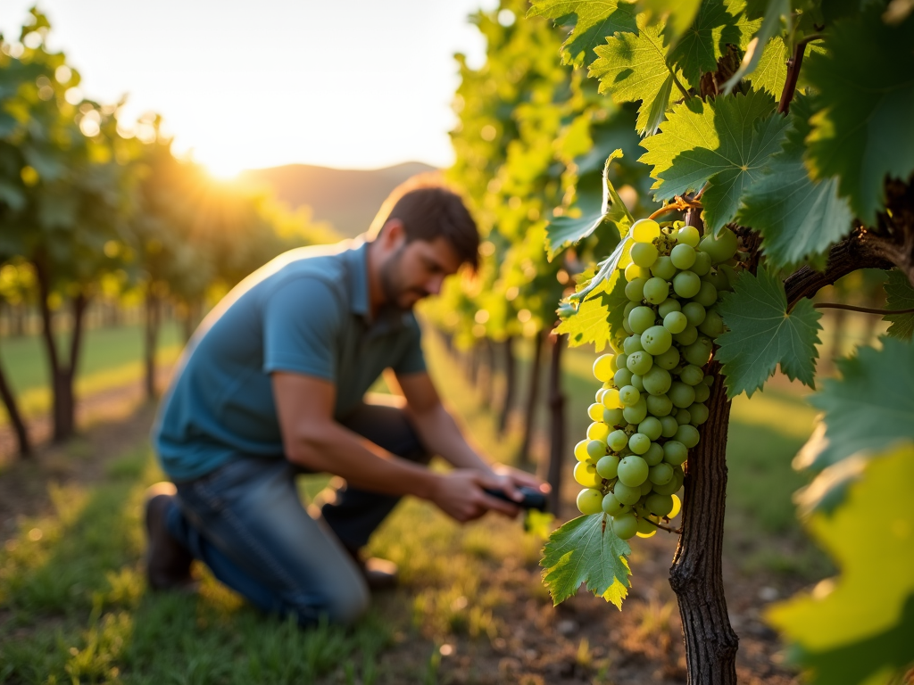 Vineyard worker pruning vines with green grapes.