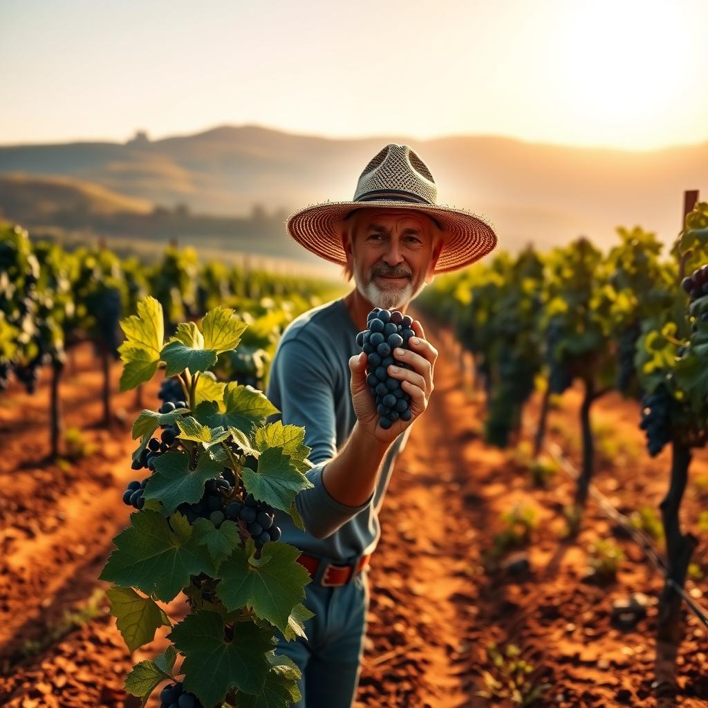 Winemaker in a Rioja vineyard holding Tempranillo grapes with reddish-brown soil and hills in the background.