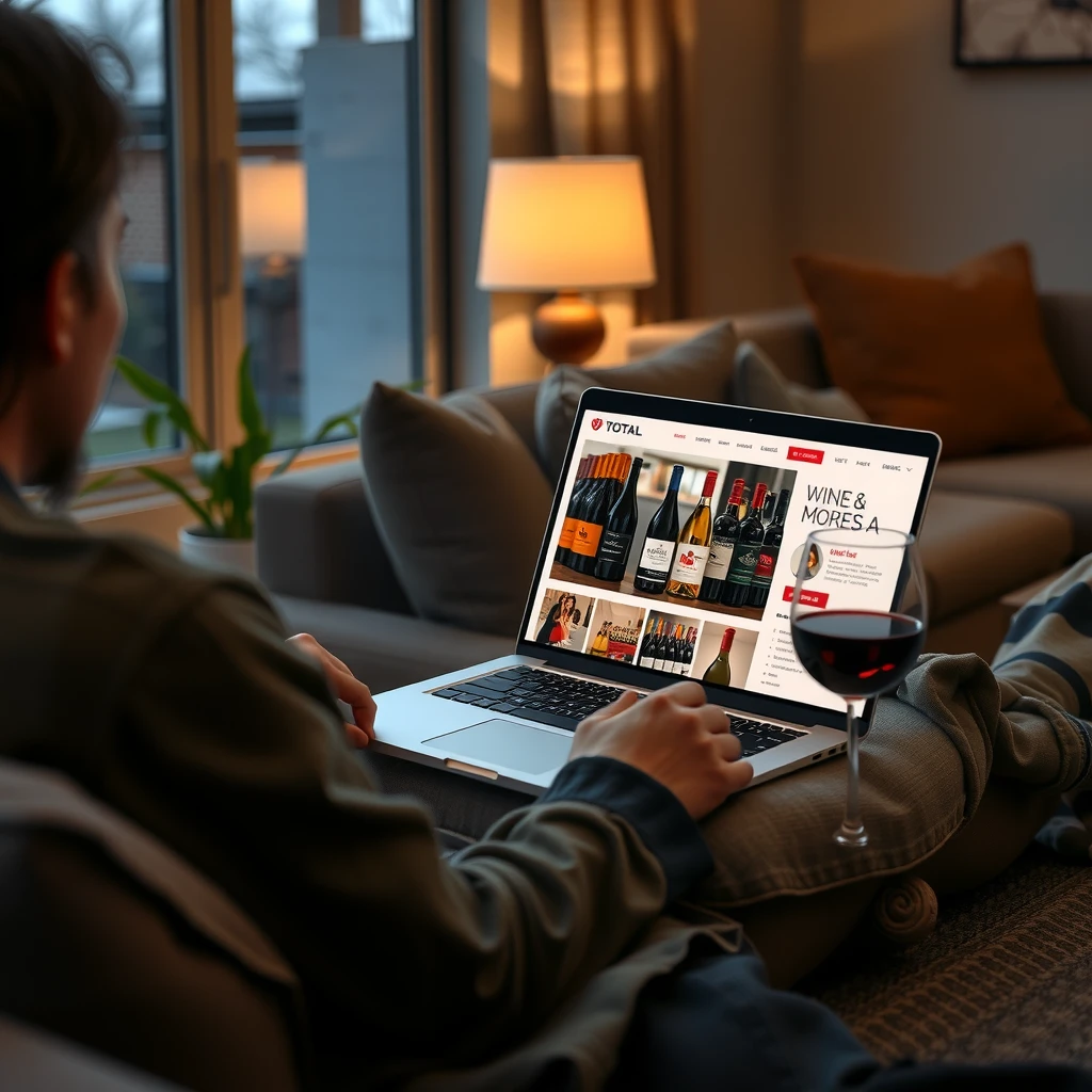 Person comfortably shopping for wine online on Total Wine & More website from home