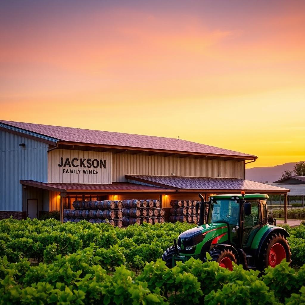 Dusk at a Jackson Family Wines winery with solar panels, an electric tractor, and wine barrels.