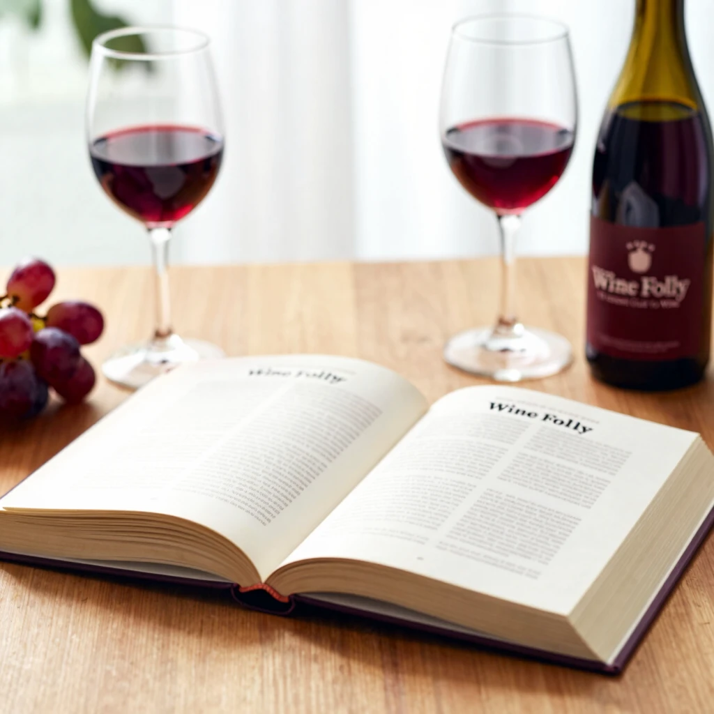 Open copy of Wine Folly: The Essential Guide to Wine book on a cozy table setting