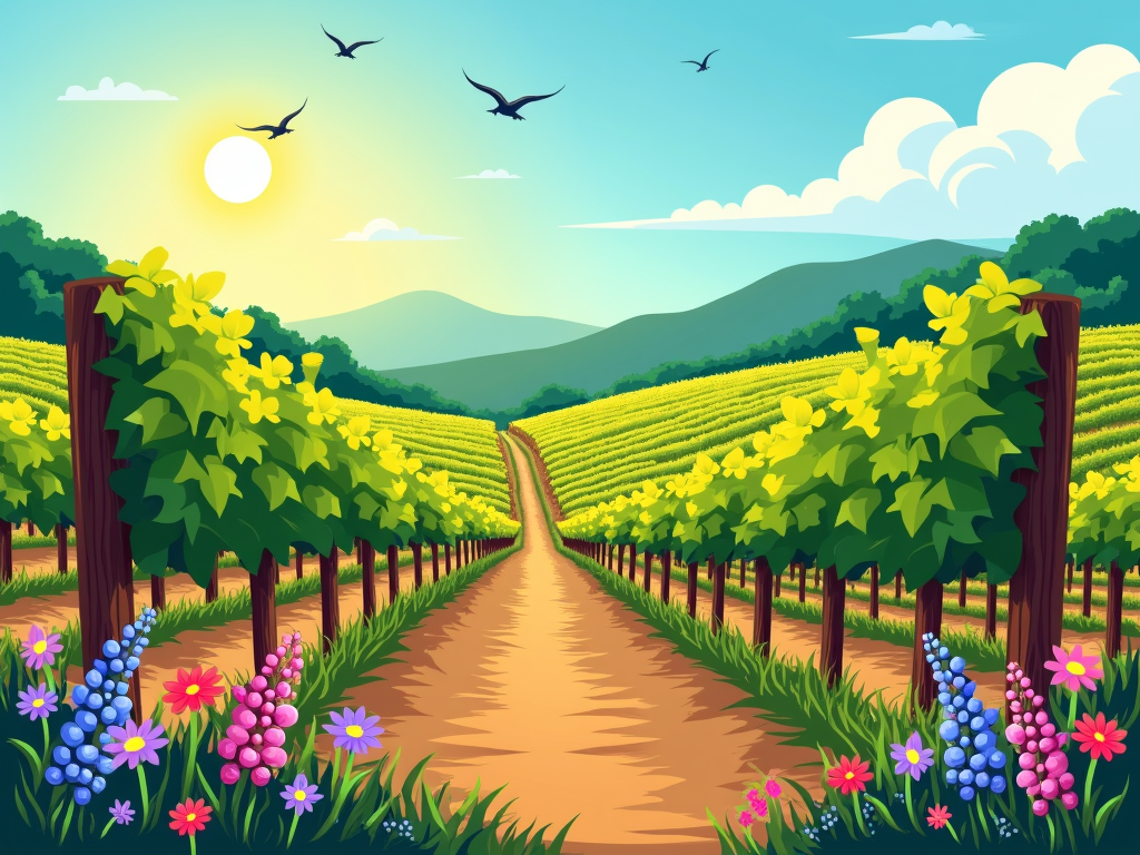 Sunny vineyard with grapevines, wildflowers, and birds showing biodiversity.