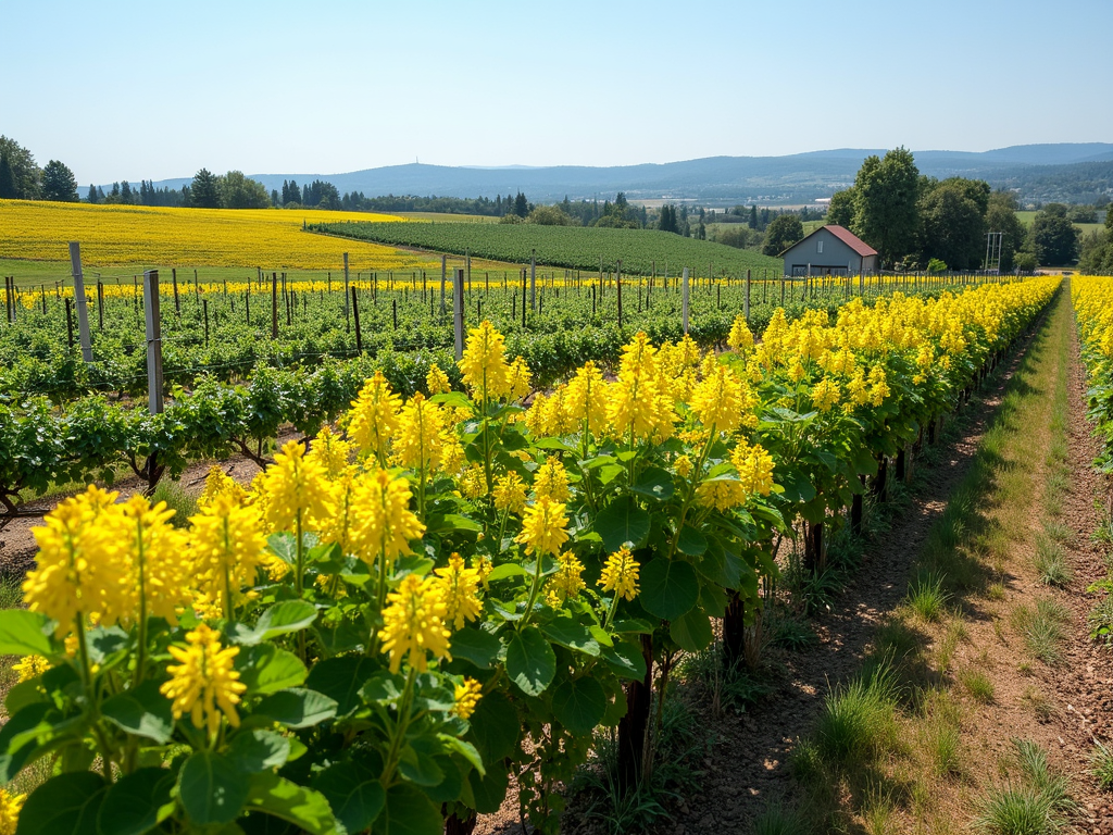 Vineyard with colorful cover crops between vines.