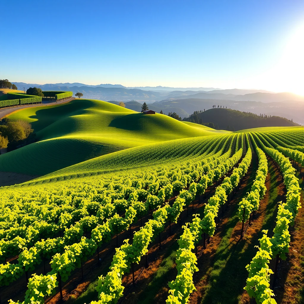 Aerial view of lush green vineyards in Sonoma County California with rolling hills