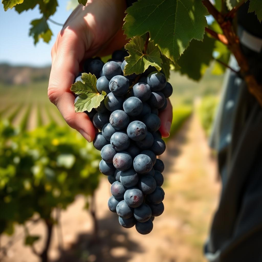 Winemaker’s hands inspecting ripe Cabernet Sauvignon grapes on a vine in Napa Valley.