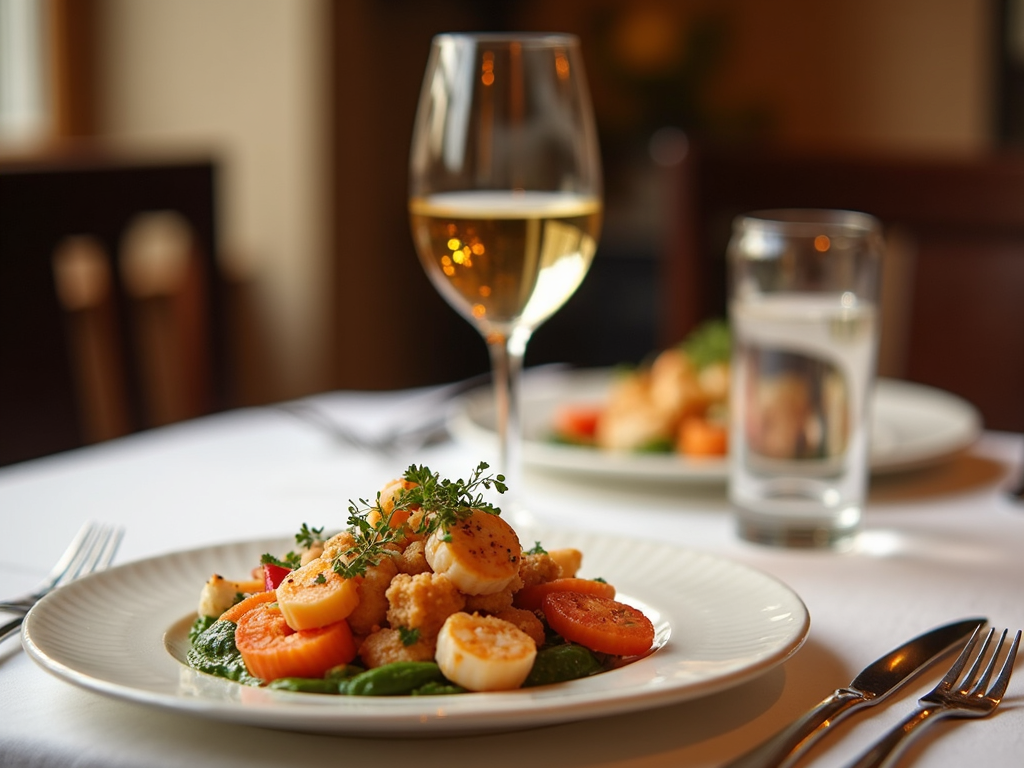 A table setting with white wine and seafood appetizer.