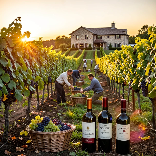 Jackson Family Wines vineyard at sunset with premium wine bottles
