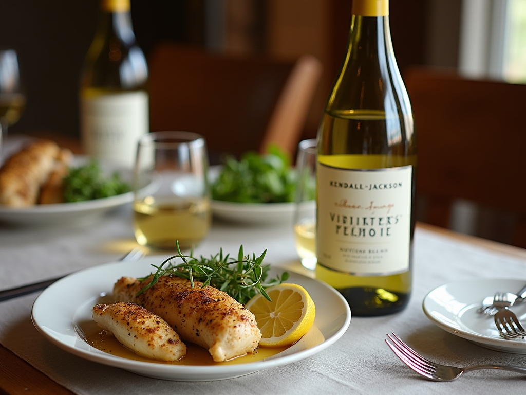 A table set with Kendall-Jackson Sauvignon Blanc and lemon herb roasted chicken.