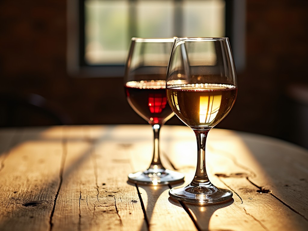 Close-up of wine glasses filled with red and white wine on a wooden table, sunlight filtering through the glass.
