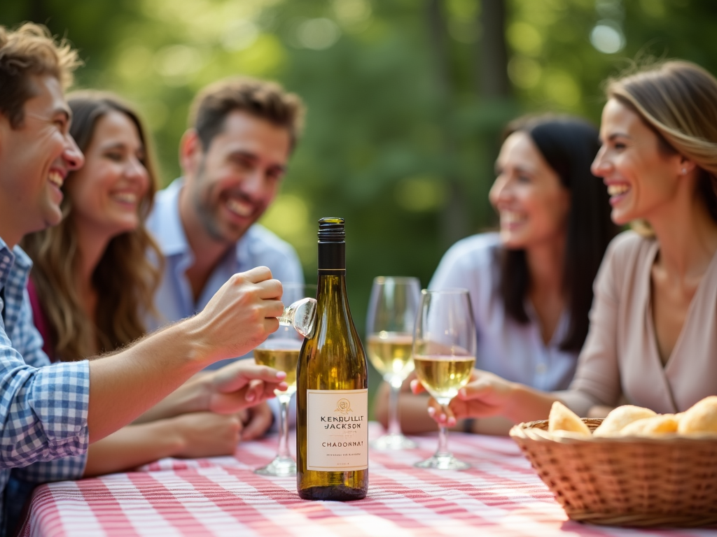 Friends pouring Kendall-Jackson Chardonnay at a casual picnic
