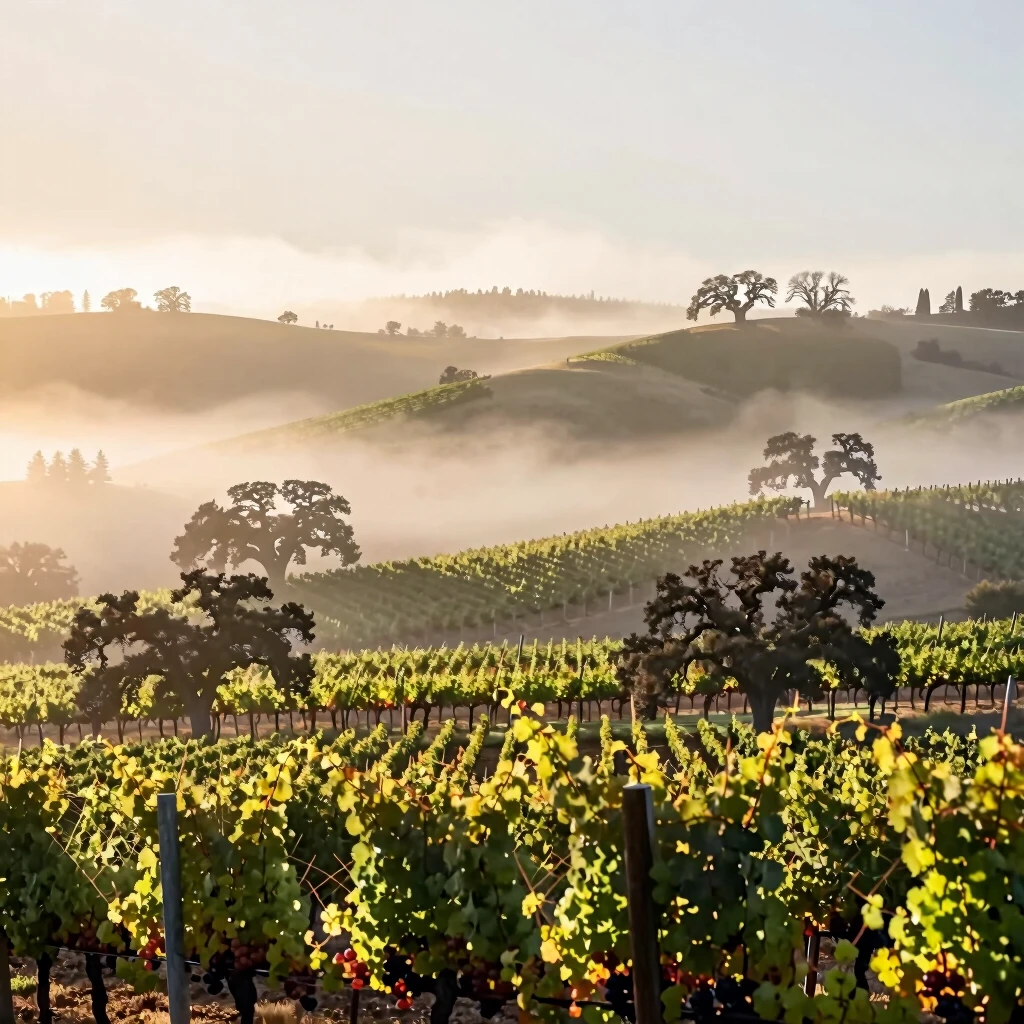 Misty morning vineyards in Sonoma County with oak trees