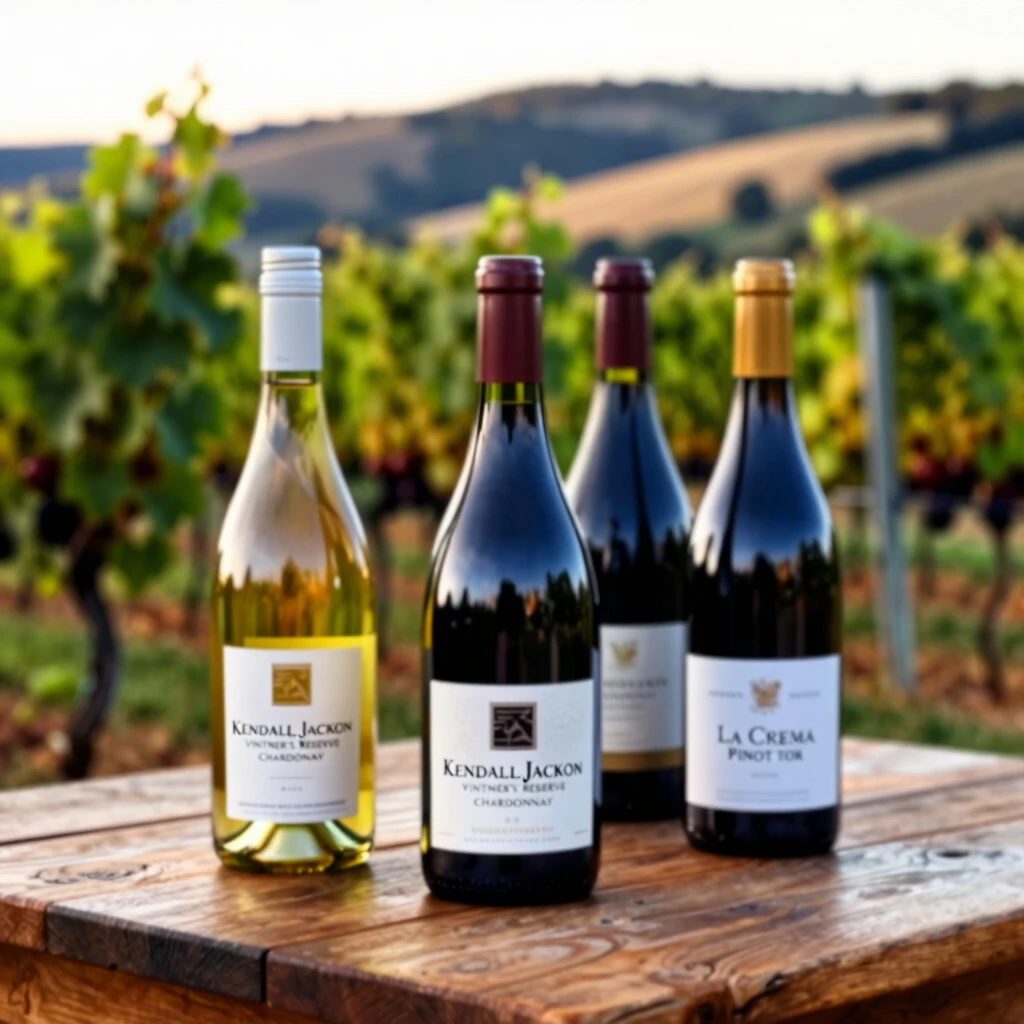 Bottles of Kendall-Jackson Chardonnay and La Crema Pinot Noir with vineyard backdrop