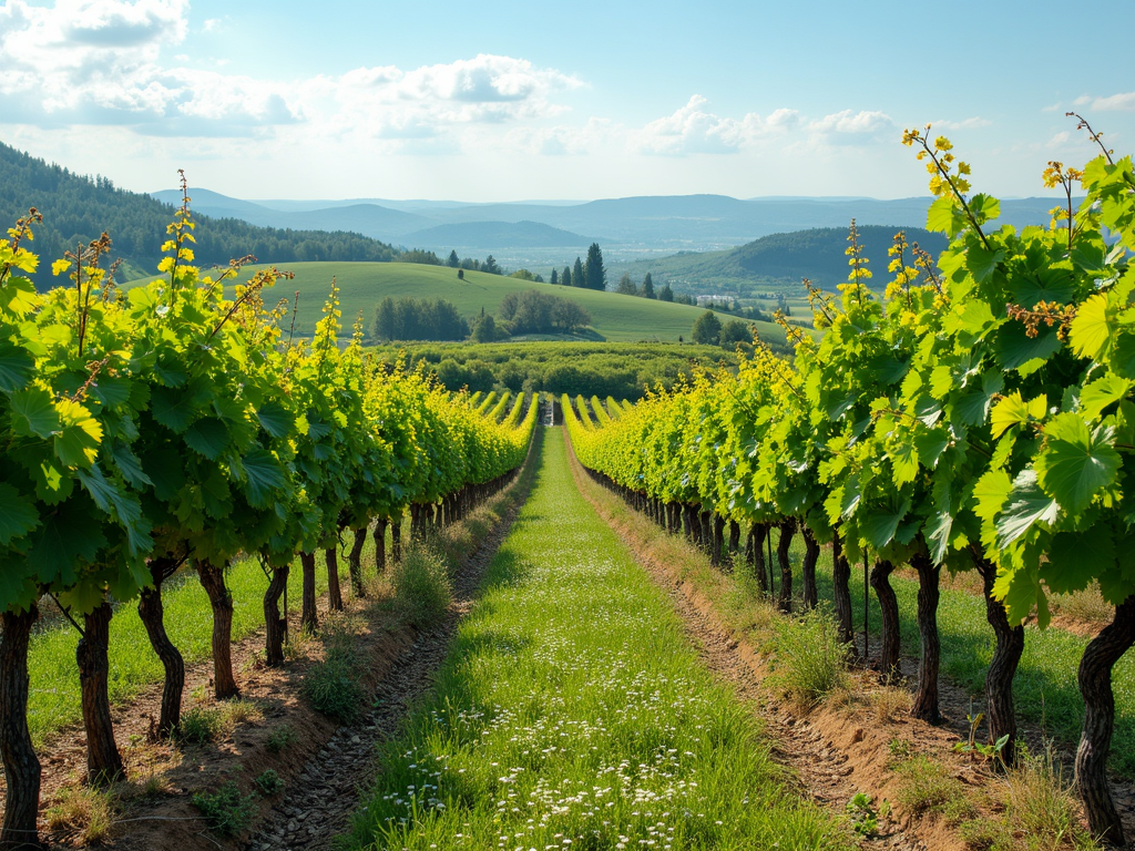 Organic vineyard with cover crops and wildflowers.