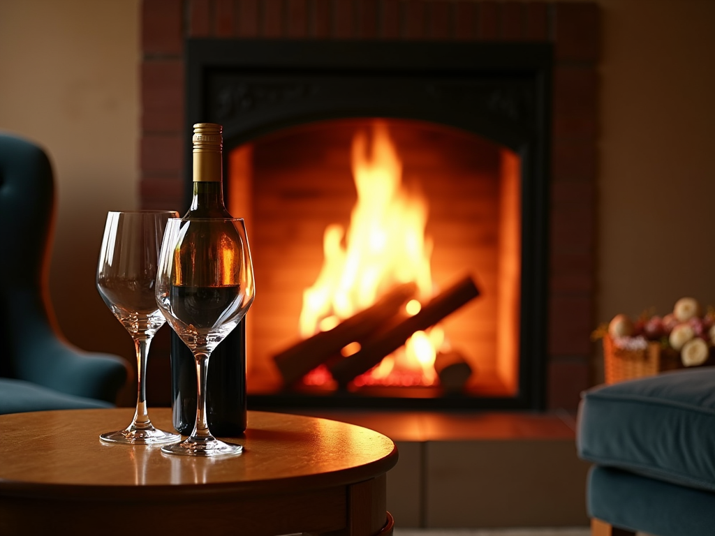 A cozy fireplace with wine and glasses.