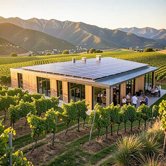 Sustainable winery with solar panels and tasting patio