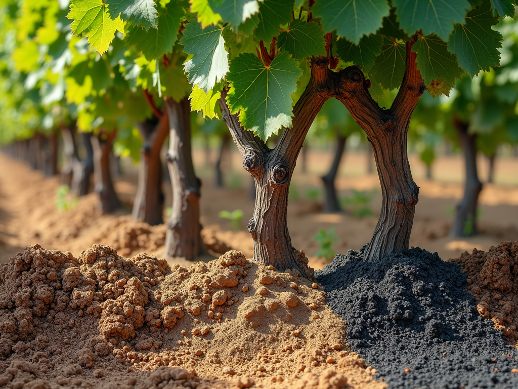 Grapevines growing in diverse soils, showing terroir’s influence up close.