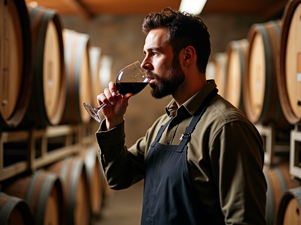 Winemaker tasting wine in the cellar at Jackson Family Wines