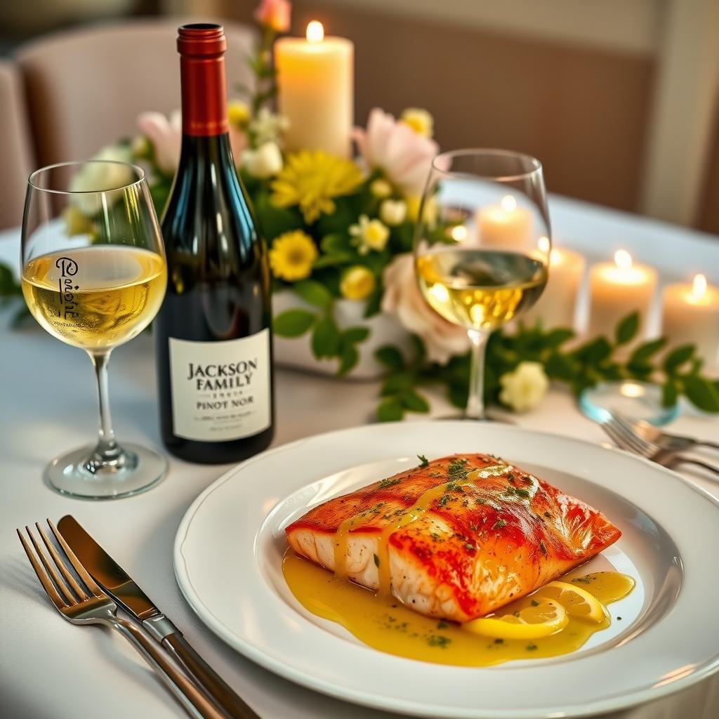 Grilled salmon with lemon herb sauce on a white linen tablecloth, paired with a glass of Jackson Family Wines Pinot Noir, surrounded by fresh flowers and candlelight.
