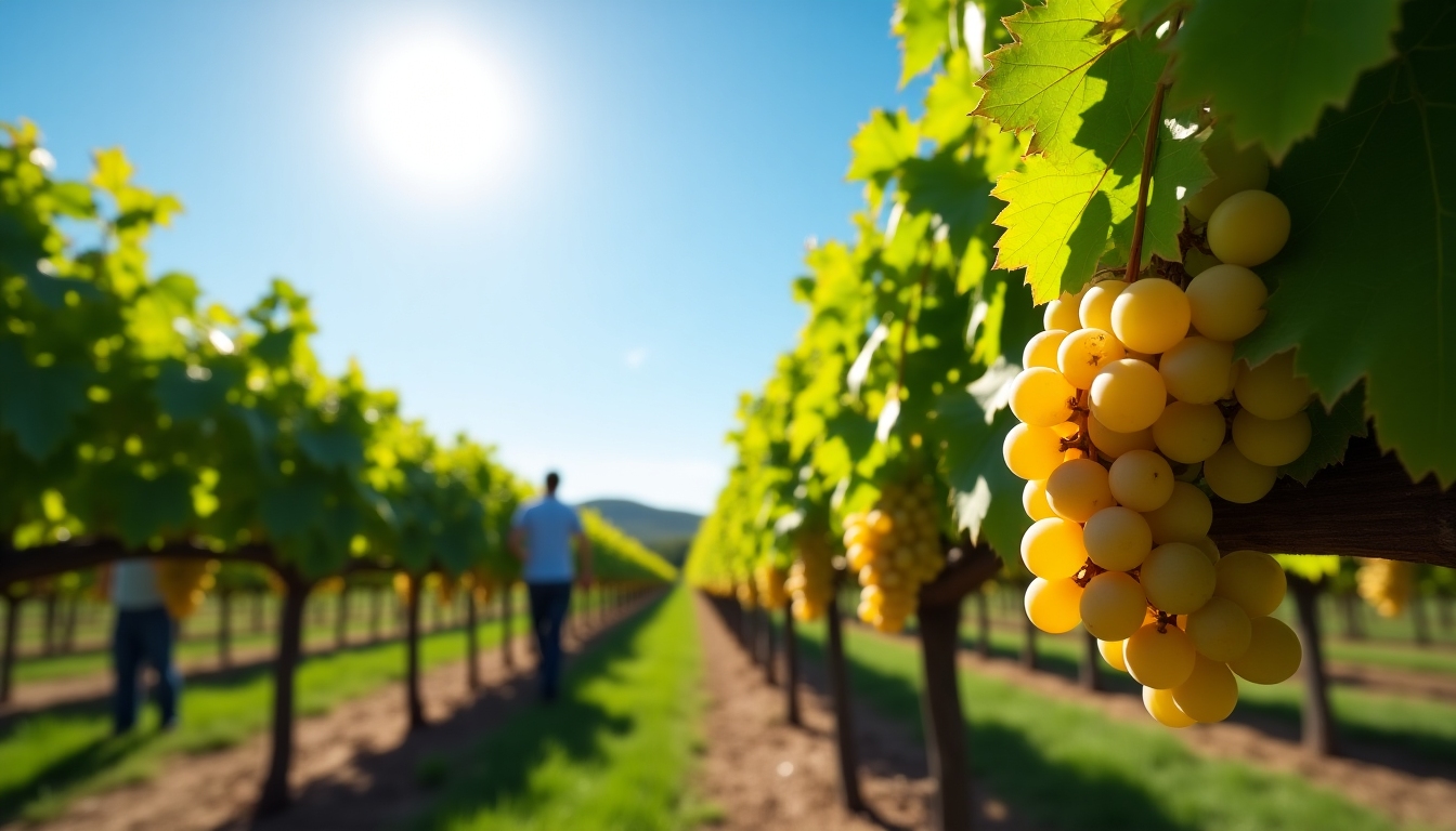 Workers harvesting grapes in a vineyard under a clear blue sky.