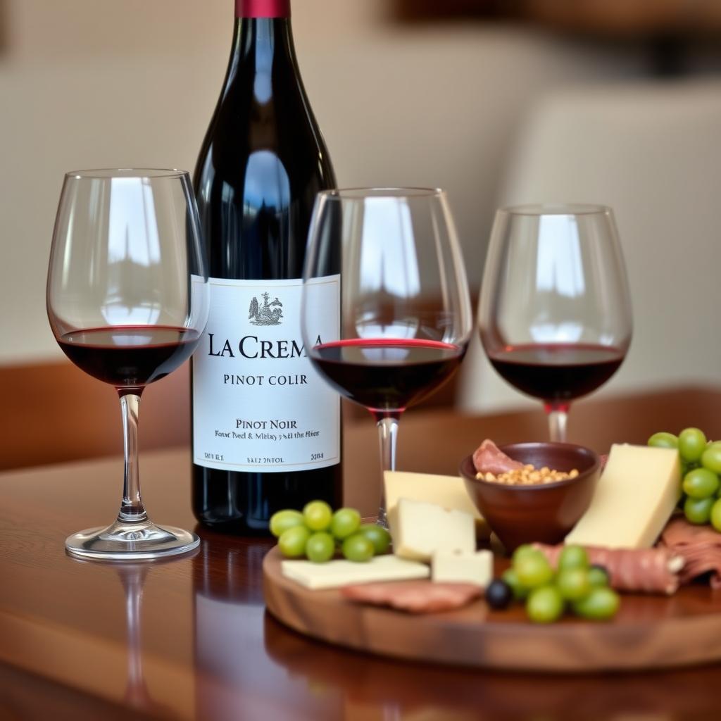 La Crema Pinot Noir bottle with wine glasses and charcuterie board on a wooden table