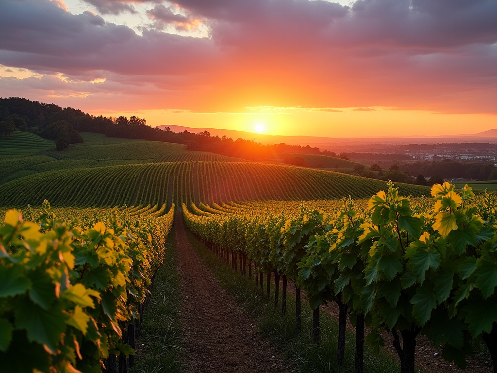 A panoramic view of vineyards at sunset, with rows of grapevines stretching towards the horizon.