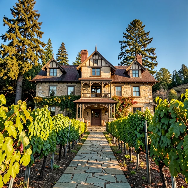 Historic Rhine House at Beringer Vineyards surrounded by green vineyards in Napa Valley