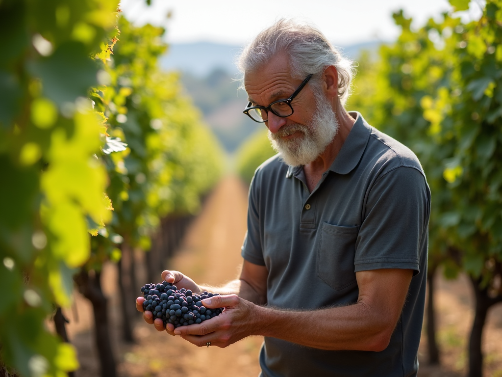 Jess Jackson inspecting grapes in Sonoma vineyard